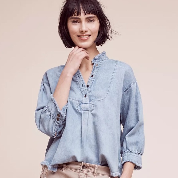 Anthropologie Frayed Chambray Henley Small - Picture 3 of 8